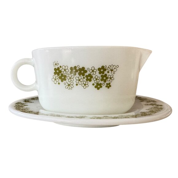 Vtg PYREX Corning Spring Blossom Milk Glass Gravy Boat Under plate Sauce Server - Picture 2 of 16